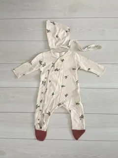 オリーブプリントロンパースと帽子セット