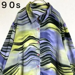 激レア◎90s◎長袖シャツ◎黒×緑×紫◎くすみカラー◎シェルボタン◎左右非対称柄