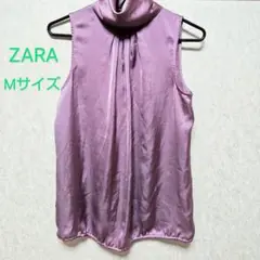 ZARA BASIC 薄紫色 ノースリーブ タートルネック M 光沢つるつる生地
