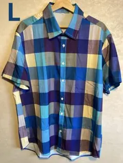 Lサイズ 半袖チェックシャツ 青・紫・黄色