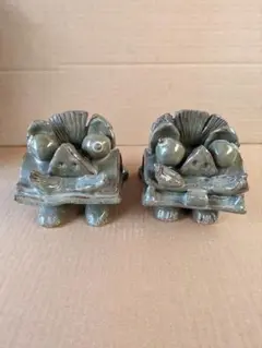 緑色陶器 シーサー 置物 2個セット