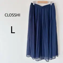 CLOSSHI ロングプリーツスカート シースルー ウエストゴム ネイビー L
