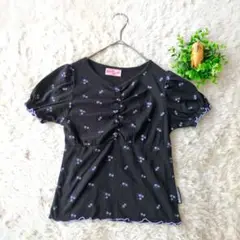 Ricca ricca リッカリッカ 150 花柄パフスリーブTシャツ 黒