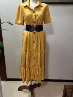 イエロー シャツワンピース 半袖 ベルト付き