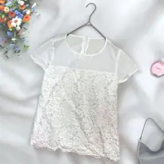 《pink adobe》 レーストリム白Tシャツ L ホワイト コットン 薄手