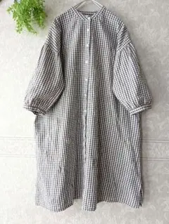 [クラウドナイン]チェック柄 刺繍７分袖シャツワンピース　羽織　コットン