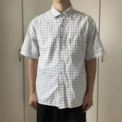 00s 90s columbia　刺し子 チェックシャツ 半袖 白 ネイビー