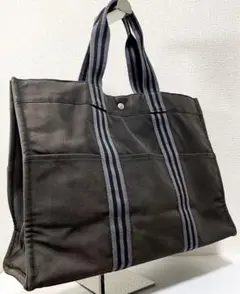 HERMES エルメス フールトゥ GM グレー×ブラック 二本線 キャンバス