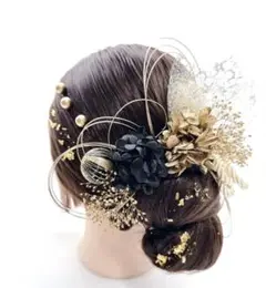 no.3950 成人式髪飾り　成人式　髪飾り　水引　金箔　ブラック　ヘアアクセ