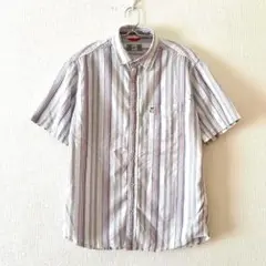 ☆【マクベス】ボタンシャツ ストライプ 綿混 フルボタン 刺繍ロゴ 半袖 M