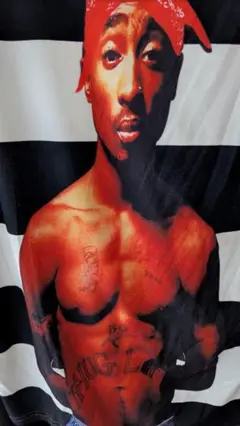 2Pac プリント Tシャツ ストライプ柄　XXL トゥパック