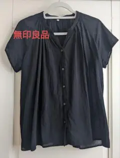 無印良品 　強撚ボイル　フレンチスリーブブラウス 黒　L