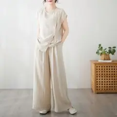 セットアップ上下 着心地いい ゆったり ブラウス おしゃれ ワイドパンツ