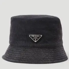 【PRADA】lady'sフィッシャーマン ハット デニムロゴ ほつれ加工 PRADA デニム ハット バケットハット Mサイズ