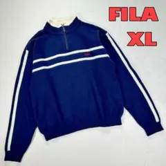 【FILA】ハーフジップニット　ウール混　ラインデザイン　メンズXL
