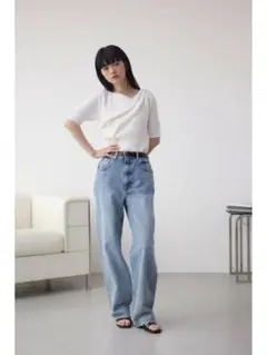 ５部袖リブニット　アズール