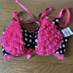 フリル付き黒とピンクの水玉ブラジャー　E75