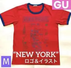 GU Ｔシャツ『NEW YORK』ロゴ＆イラスト　半袖　濃いピンク♪ Ｍ