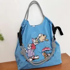 新品 トムとジェリー 刺繍 ナイロン ショルダー エコバッグ ブルー