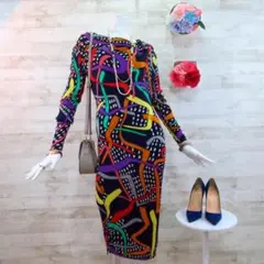 MISSONI シルクマルチカラーワンピース M ドット柄 紺色 ストレッチ