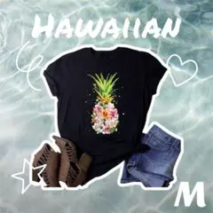 【値下げ】1577 ハイビスカス ロゴ Tシャツ M ハワイアン フラダンス