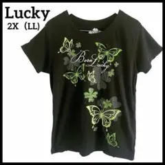 Lucky【2X】 バタフライ クローバー Tシャツ ブラック ロゴ有 海外古着