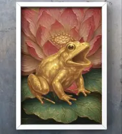 蓮の葉花の上の幸福を呼ぶカエル 喜びと幸福 額縁付きグラフィック