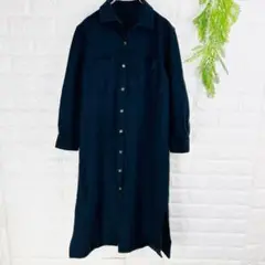 ユークスン フェルトシャツロングワンピース【M】ネイビー カジュアル 体型カバー