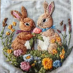 ２D　仲良しうさぎさん　刺繍風　片面プリント　クッションカバー59　45cm