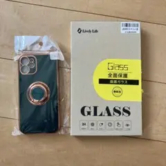 iPhone12mini用ケース ダークグリーン　GLASS フィルム１枚