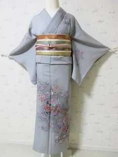 訪問着・カラフルな花と鳥・グレー・タグあり・9号・正絹・M51