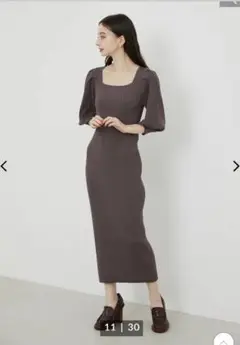 2WAYパフスリーブリブknitタイトOP
