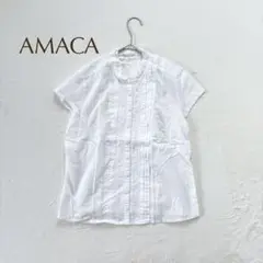 アマカ【M】 半袖シャツ ブラウス　カジュアル シンプル 無地　ノーカラー