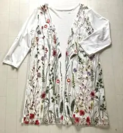 花柄刺繍 ホワイト 七分袖薄手カーディガン　フリーサイズ