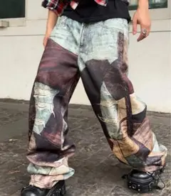 新品未使用 パッチワークデザイン フェイクデニムワイドパンツ