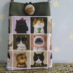 前髪猫さんイラスト スマホショルダーバッグオリーブグリーンキャンバス