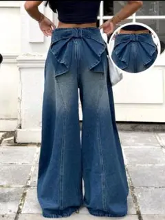 【新品未使用】バックリボン付きレディースウォッシュデニムワイドパンツ
