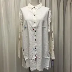 新品　麻混　刺繍入りブラウス　オフホワイト　長袖　LL