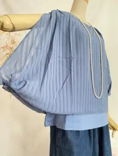 新品 技あり二の腕細見えノースリーブシフォン重ねカットソートップス/ブルーM