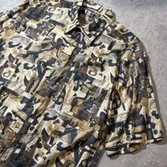KINGS PRIDE 総柄アロハシャツ 半袖 ブラウン×ベージュ×ネイビー