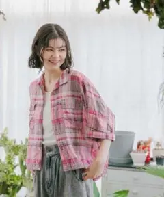 ニコアンド　リネン混サッカーチェックシャツ　Lサイズ