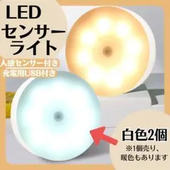 白色2個　センサーライト　LED　USB付き　室内 人感 廊下 天井 明暗　自動