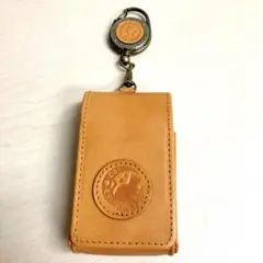 ハンドメイド　本革リップケース　鏡&リール付き　猫刻印　姫路レザー　ヌメ革