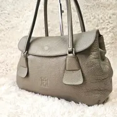 美品☆HIROFU ヒロフ ハンドバッグ フラップ Hロゴ グレージュ シボ革