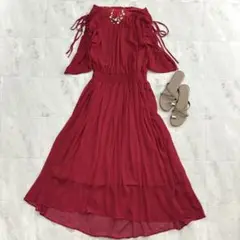 Ray Beams ギャザーシフォンワンピースマキシ丈レッド