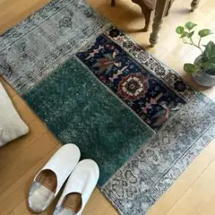 57×104 パッチワークラグ　ブルー　ボタニカル　トルコヴィンテージラグ