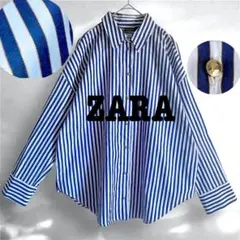ZARA ザラ シャイニースレッドストライプシャツ ゴールド釦 日本サイズM
