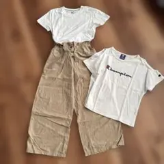 Champion TシャツとGUベージュワイドパンツセット