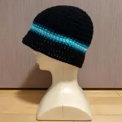 クロシェハット バケハ ビーニー クラッシャーハット ニット帽 手編み 黒 青
