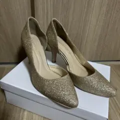 【美品】グリッター イエローゴールドパンプス結婚式パーティー 　L　24cm相当